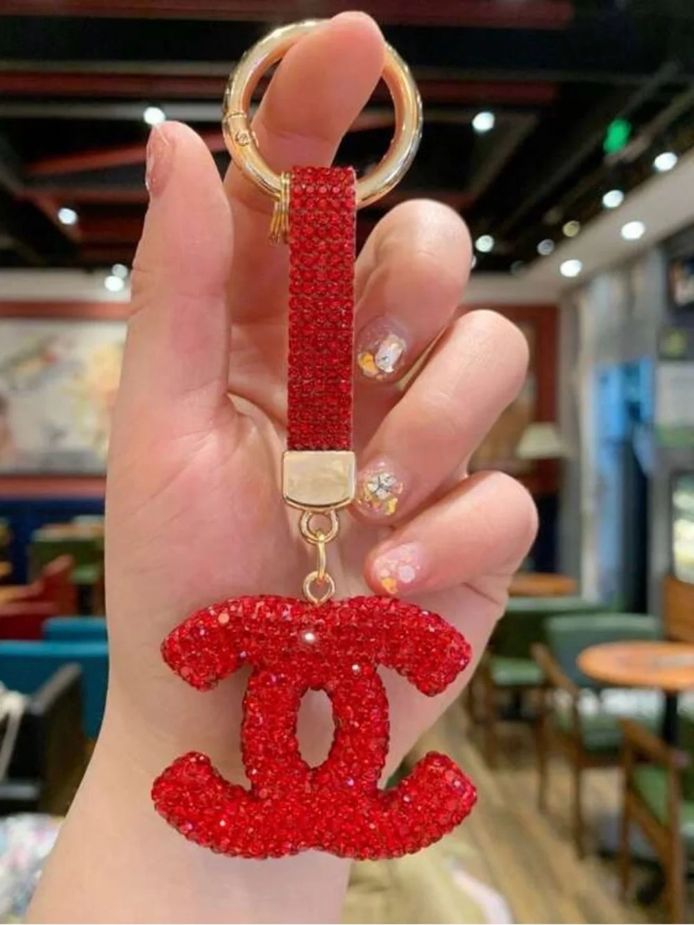 Red Crystal CC Logo Keychain Wristlet - 24K Gold Accent